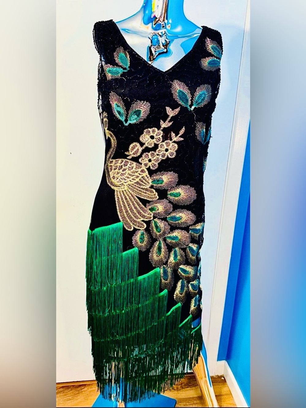 Vintage inspired & Emerald Fringe Embroidered Peacock Sheath Dress Gatsby 1920’s